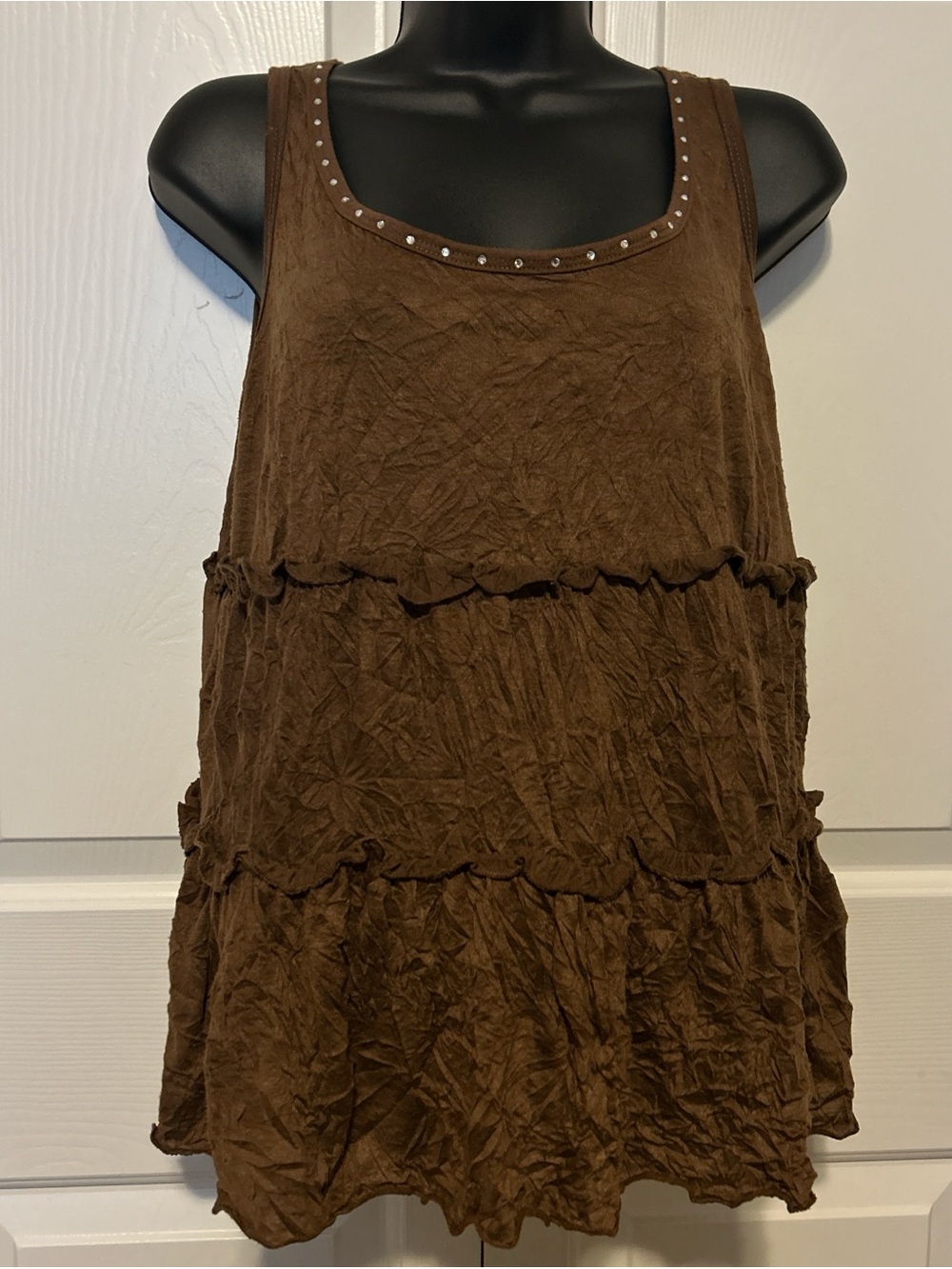One Step Ahead Brown Tiered Crinkle Tank with rhinestone Studded Scoop Neck